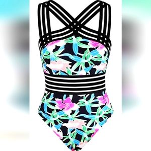 NWT Hilor Criss Cross One Piece Bathing Suit Sz Large (10/12)